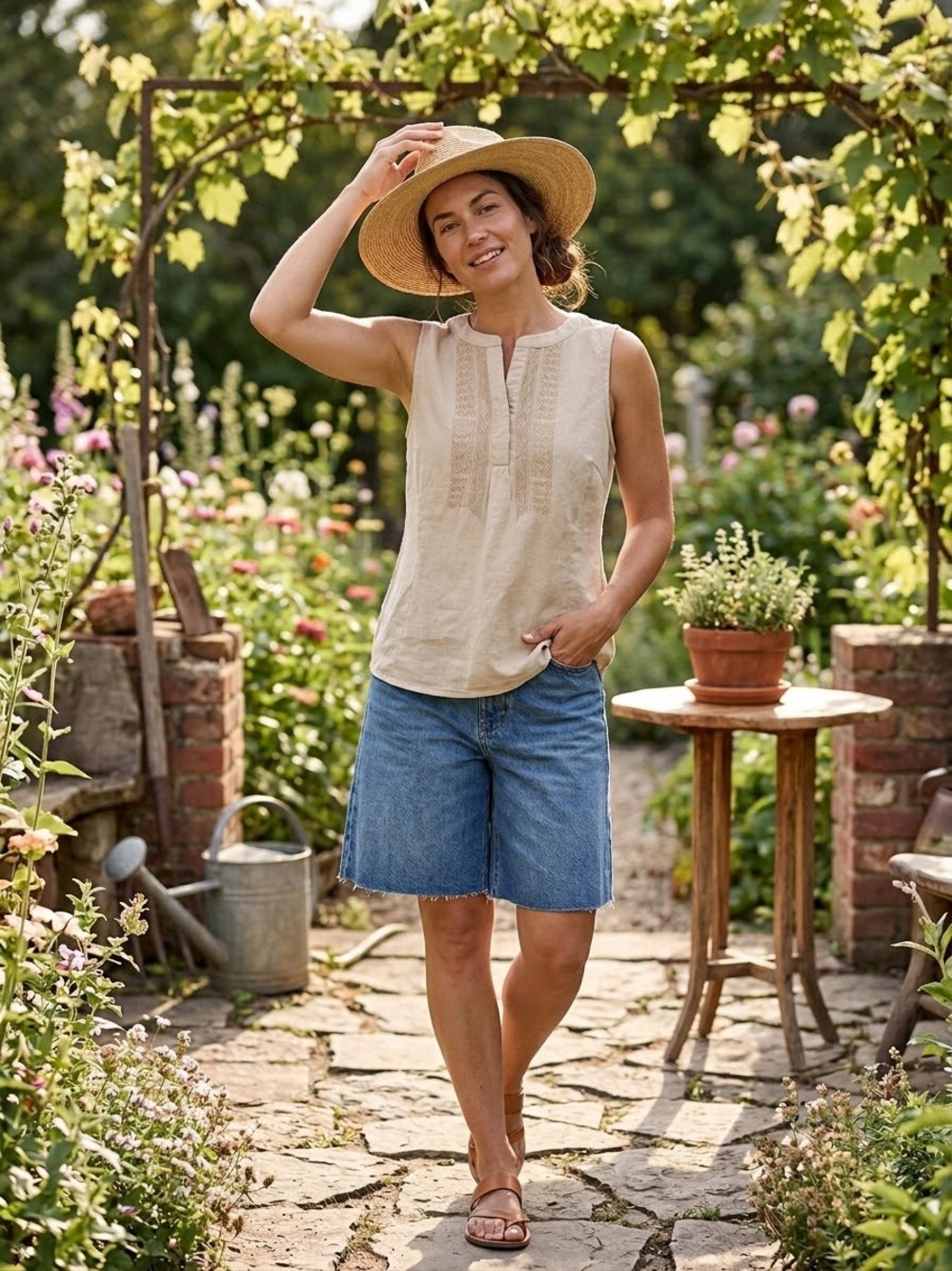 55% Linen Blend Women’s Tan Embroidered Sleeveless Top Size XL (Approx)